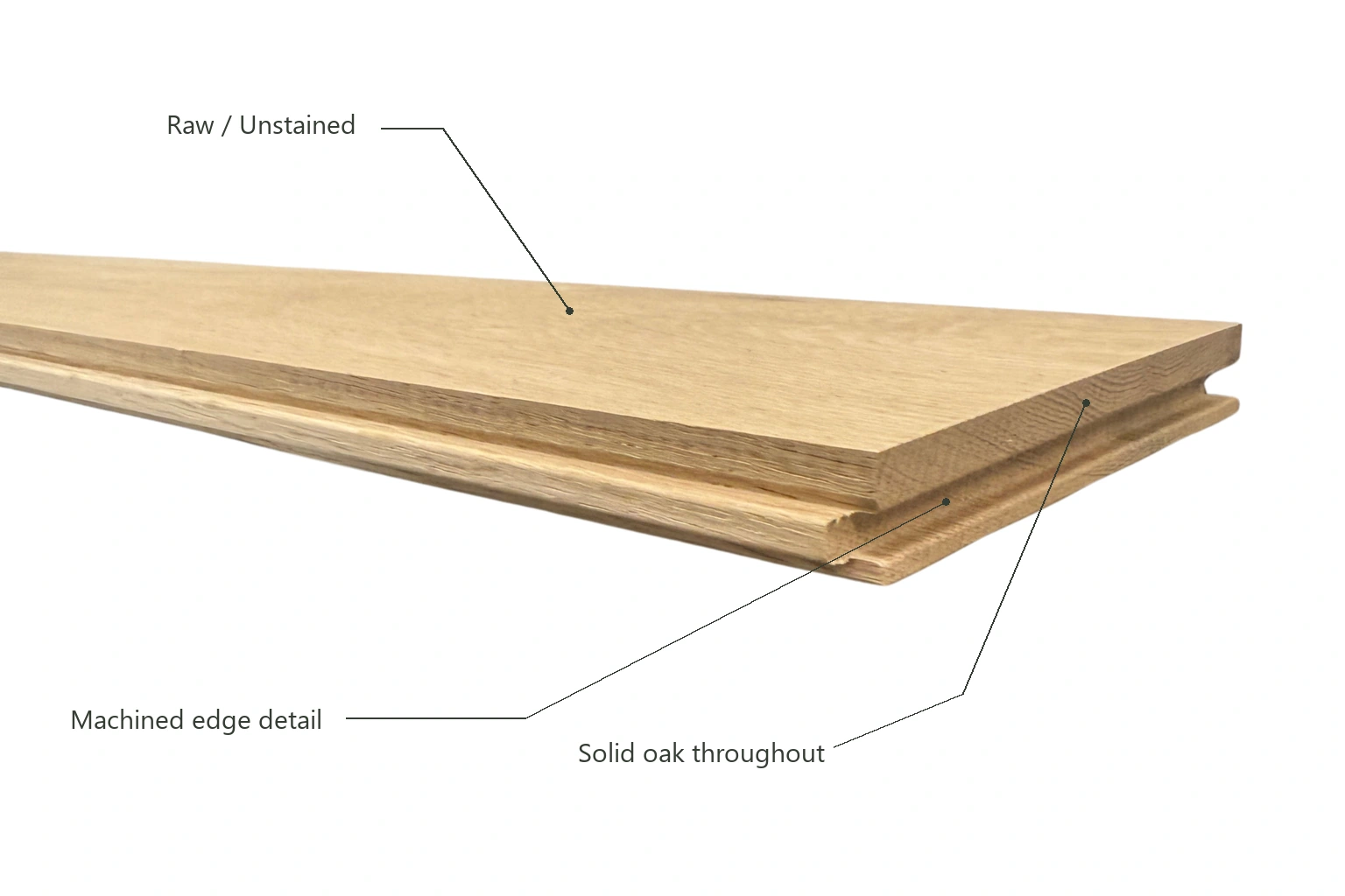Raw solid oak construction: one piece of timber, natural grain, no layered core