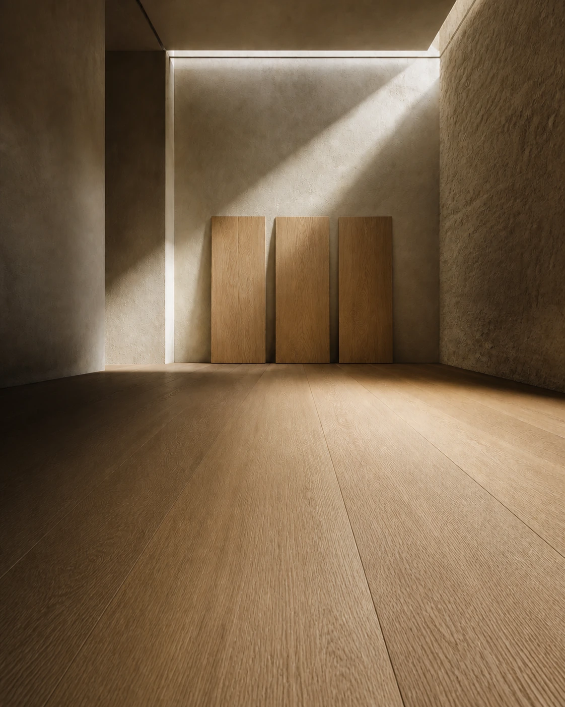 Oak flooring and three timber samples in warm architectural light